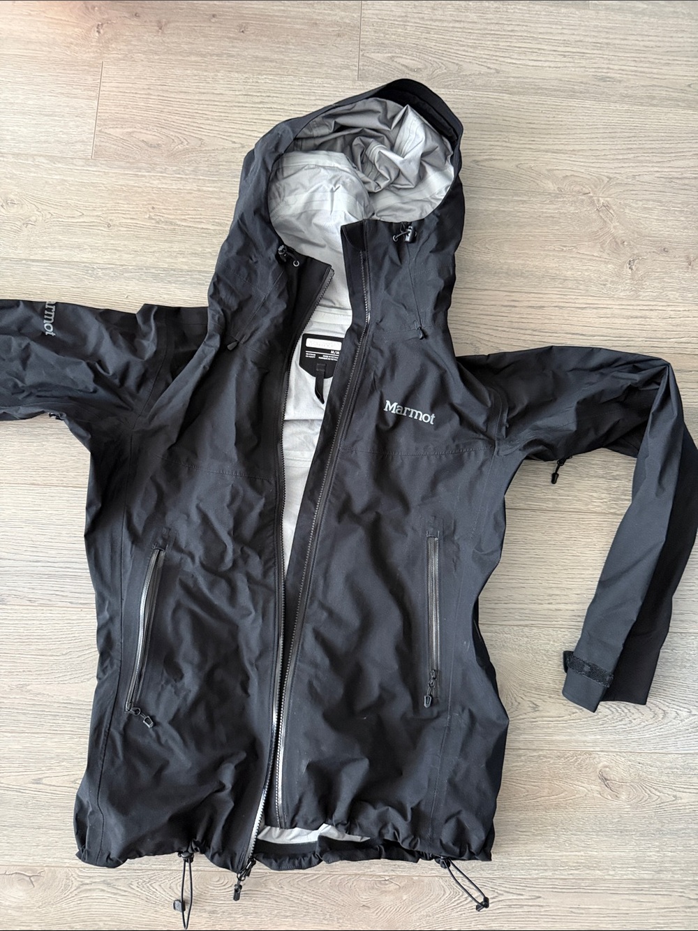 Marmot Black Hooded Rain Shell with Light Gray Lining